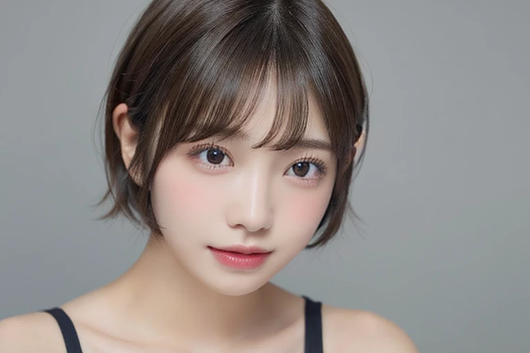 1girl in、real looking skin、(short-hair:1.1)、Very short shorthair、(Photorealsitic:1.1)、Beautuful Women、Beauty salon with revealing clothes、Gray background、Natural look