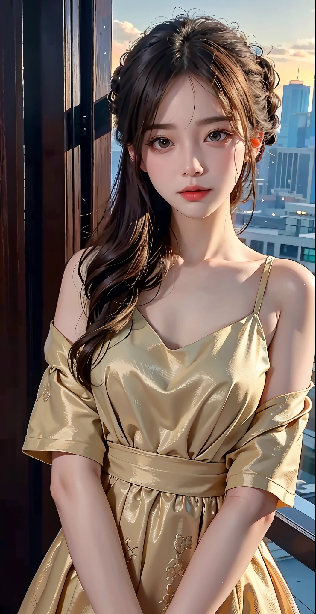 top-quality、masterpiece、Extremely detailed details、hight resolution、8K、intricate-detail、realisitic、Photorealsitic、Dramatic Lighting、 1girl in、、at the sunset