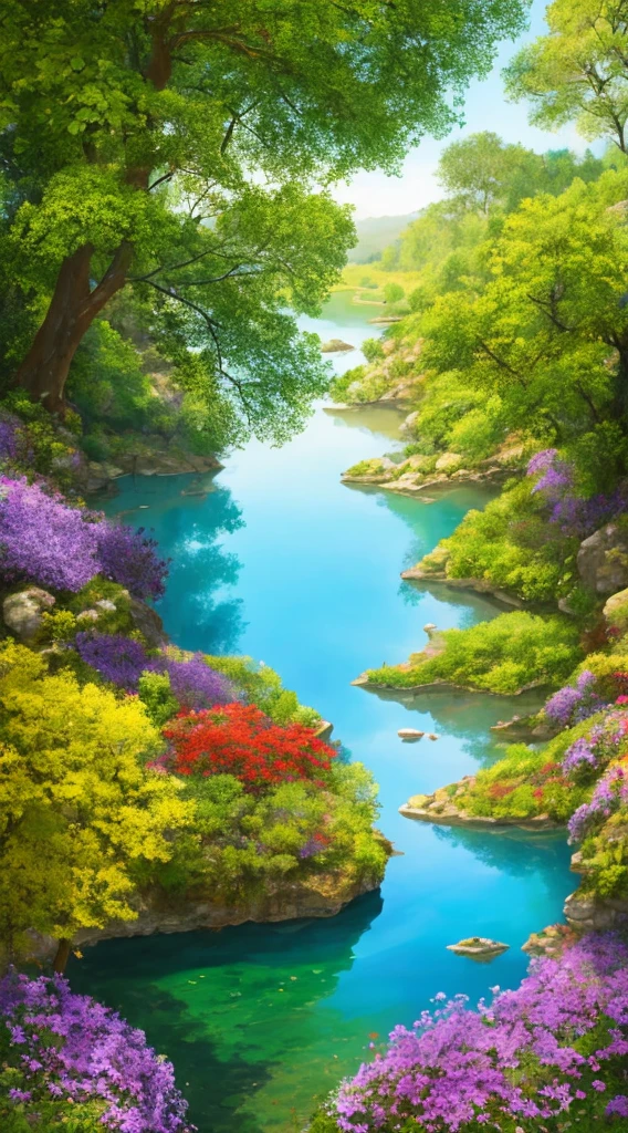 Une vallée rouge et violette pleine d&#39;animaux et de fleurs avec un ruisseau qui se jette dans un lac, Roches, quelques arbres et une cascade, quelques arbres et herbe au sol, et une rivière, Une peinture mate détaillée réalisée par un artiste environnemental senior, Gagnant du concours de style animé Shutterstock