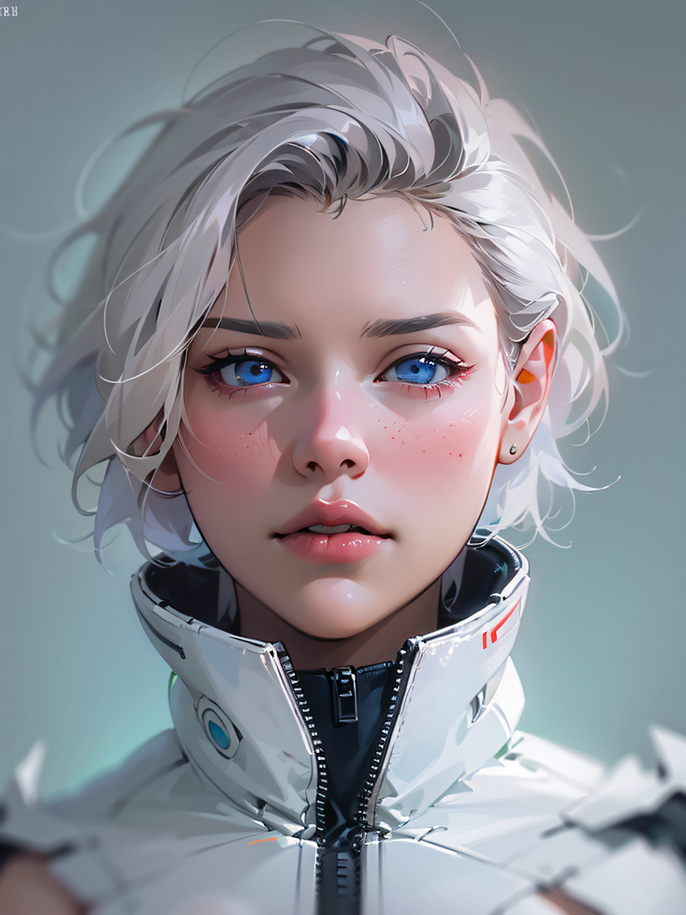 Mulher 30 anos, (Lea Seydoux pov), Cabelos brancos curtos, face quadrada, queixo quadrado, preenchimento labial ((best quality)), lips sexy, Uma bela mulher cyberpunk, seios pequenos, no-bra, jaqueta branca cyberpunk desabotoada, Genesis evangelion roupas estilo neon, Centrado, Scale to fit dimensions, profundidade de campos, Maximum clarity and sharpness, Texturas multicamadas, accurate simulation of interactions between light and material, perfectly proportions, pose sexy, alto detalhamento, olhos azuis