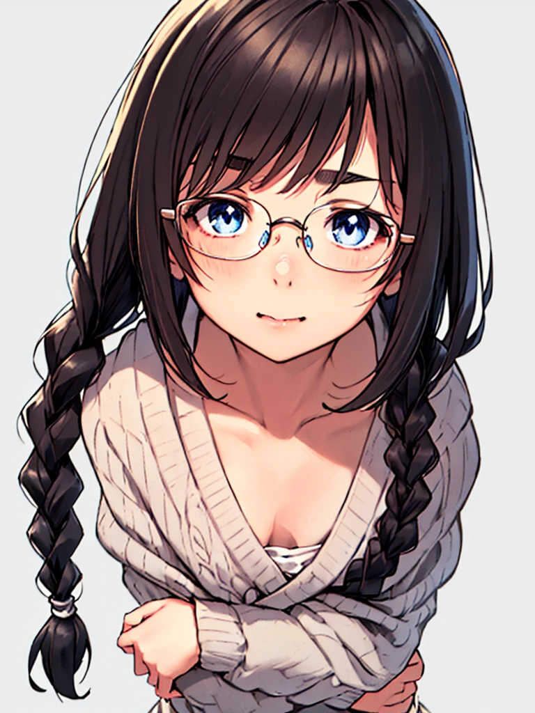 ​masterpiece, top-quality, One lady, One Pose, The best smile, Japan people in their 20s, (A dark-haired, Short Bob Hair, emphasize curly hair, The whole hair has strong waves, With bangs, Gather the hair in the back with two braids(Length to the waist), attach hairpins to bangs), (thick eyebrow, draw thick eyebrows), (drooing eyes, Blue eyes, Blue eyes), Small nose, Thicker lips, (Rimless glasses, Small glasses, glasses for women), Wheat-toned skin, Realistic drawing of the whole body, (Looking at the camera, Front of camera, Look at viewers, Front attitude, Turn your face to the viewer, face forwards).