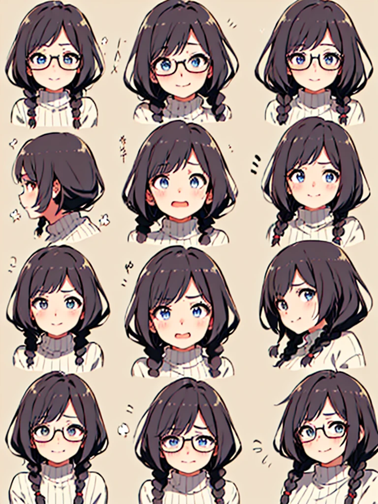 masterpiece, top-quality, One lady, One Pose, The best smile, Japan people in their 20s, (A dark-haired, Short Bob Hair, emphasize curly hair, The whole hair has strong waves, With bangs, Gather the hair in the back with two braids(Length to the waist), attach hairpins to bangs), (thick eyebrow, draw thick eyebrows), (drooing eyes, Blue eyes, Blue eyes), Small nose, Thicker lips, (Rimless glasses, Small glasses, glasses for women), Wheat-toned skin, Realistic drawing of the whole body, (Looking at the camera, Front of camera, Look at viewers, Front attitude, Turn your face to the viewer, face forwards).