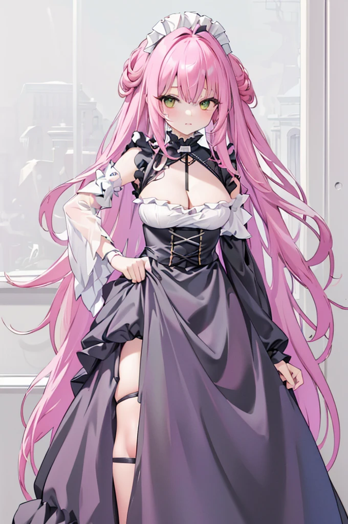 , with an open crotch, 1 plump girl, medium, own, how to, pink hair color hair, Pink Long Hair, Very long hair, inner strength, humongous large breast, Black dress, Shown in , maid headdress, ((Peek at viewers, Decorative style, Green-eyed, face flushed, skirt lift, Take a step back, How to drip, catss, lie, frilly suffocation,Lower bust, Lop, hair between eye, After decision     ,  Background with, maid, , white backgrounid, pleatedskirt, Minkitz,  Clothes lift, through bangs, Self-elevating, cropped shoulders, Split sleeves, armlets, ahoge, french braid