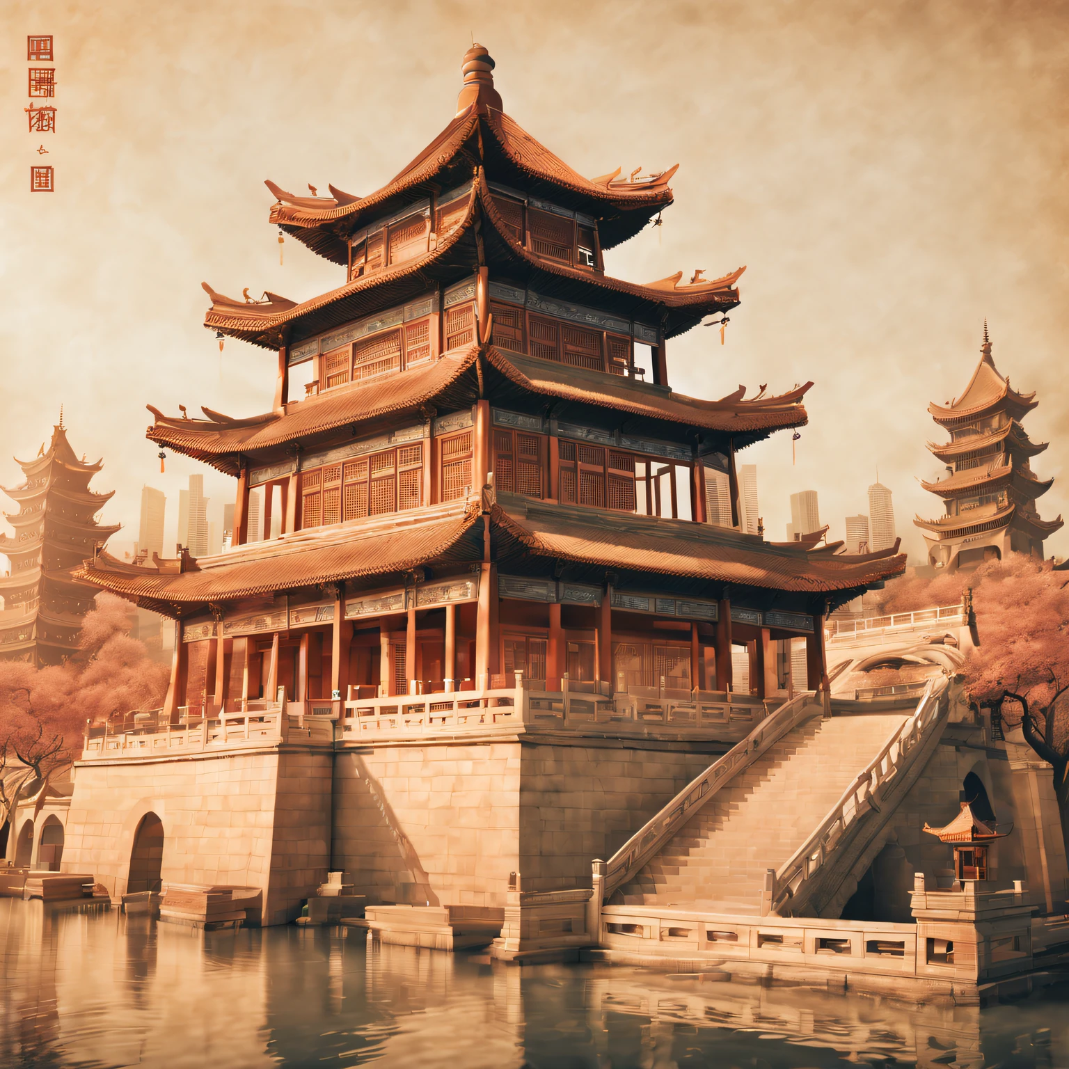 Chinese palace of the Tang Dynasty, in wonderland, surrounded by cloud, Far perspective, 。.。.3D, China-style, Reddish yellow tones。8K, High detail, Chiaroscuro, Depth of field, god light, stereograms, hyper HD, hyper HD, Textured skin, High details --auto