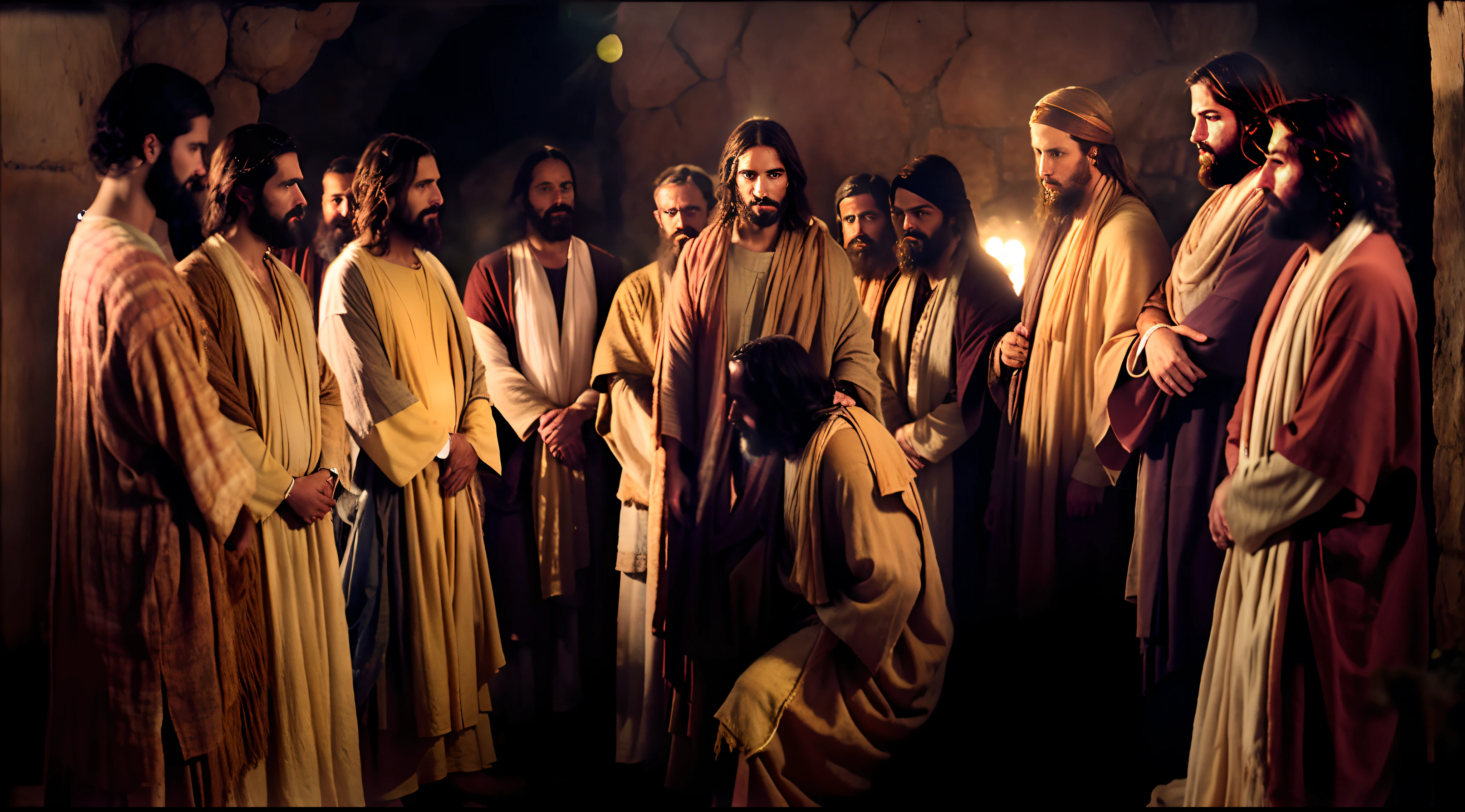Modern Portrait of Jesus with His Disciples, cinematic lighthing, profundidade de campo, Bokeh, Realismo, fotorrealista, hiper-realismo, fotografia profissional, UHD, DSLR, HDR