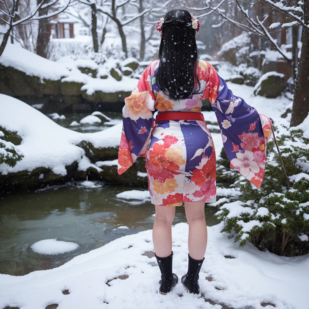 (Kimono)、(top-quality,masterpiece:1.3,超A high resolution,),(ultra-detailliert,Caustics),(Photorealsitic:1.4,RAW shooting,)Ultra-realistic capture,A highly detailed,high-definition16Kfor human skin、 Natural skin texture、The skin looks healthy with an even tone、 Use natural light and color,One Woman,japanes,kawaii,A dark-haired,Very big big、Middle hair,(depth of fields、chromatic abberation、、Wide range of lighting、Natural Shading、)、hot onsen、(Falling snow:1.2)、(Hair swaying in the wind:1.2)、(Snow reflects light:1.1)、I can see your butt through the exposed kimono.(red garter belt)、Panty shot from behind showing crotch while crawling on all fours