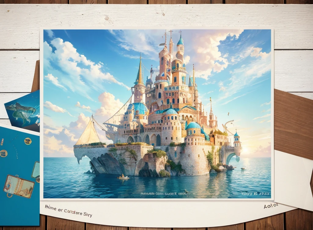 Romantic postcard of underwater city, Super artistic texture quality,(postcard design,postcard style,Ultimate quality,4K,8K,A high resolution,tmasterpiece:1.2),ultra - detailed,Super refined,extremly intricate,grocery style