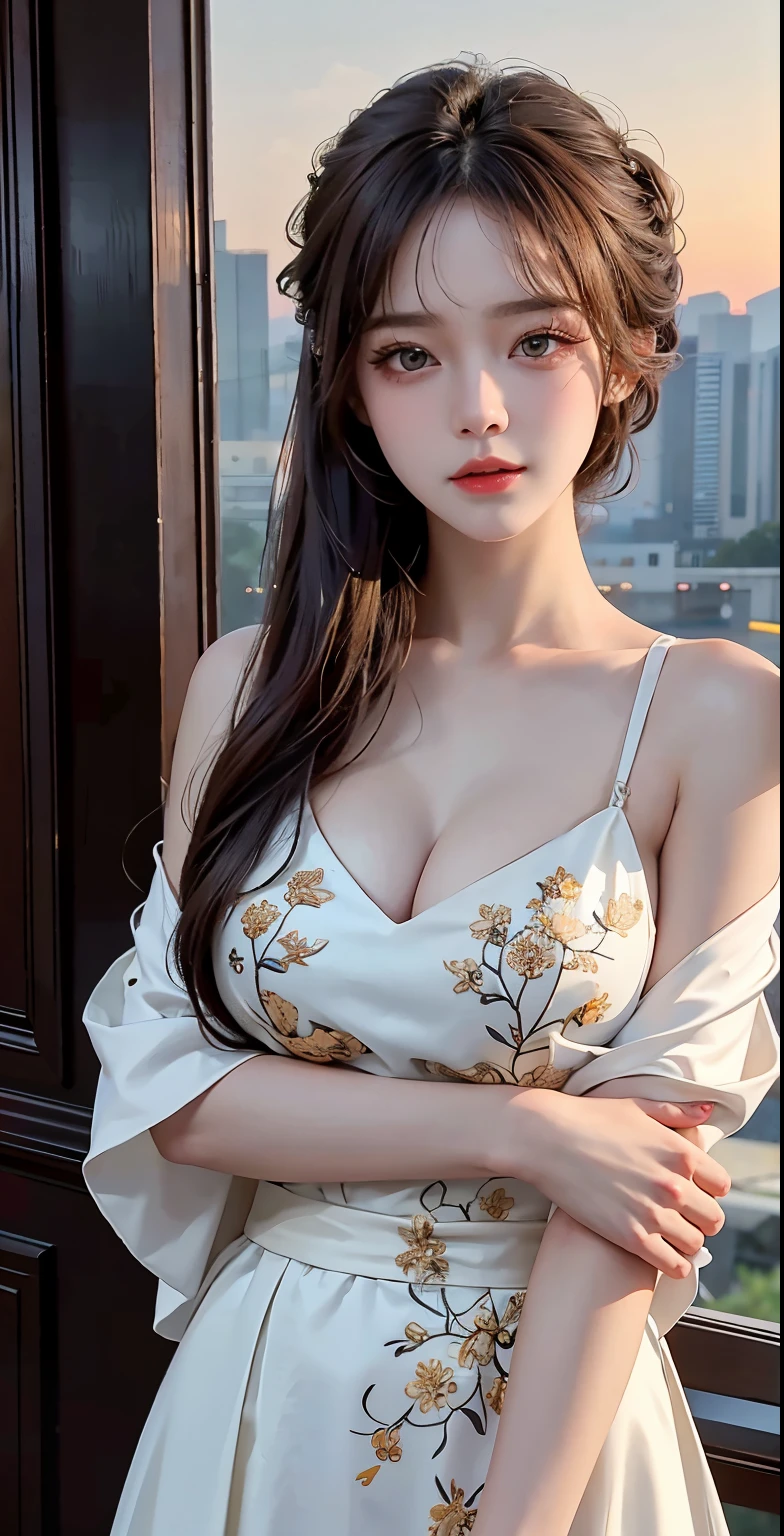 top-quality、masterpiece、Extremely detailed details、hight resolution、8K、intricate-detail、realisitic、Photorealsitic、Dramatic Lighting、 1girl in、A sexy、large boob、at the sunset
