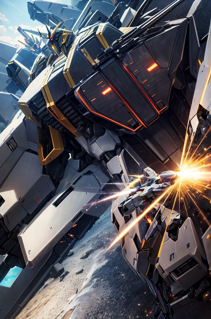 Surrealism, Ray Tracing, Photorealistic, UHD, High Detail, 32k, Best Quality, Textured Skin, Gundam Mecha, Flight, Funnel, Mecha Ship, Masterpiece, Best Quality, Mecha, Unmanned, (Full Body), (Black Mecha: 1.8), (Axisymmetric: 1.4), (HDR), (Movie Light: 1.1), White Eyes, Cool, Science Fiction, Fire, Universe, oversized shield, mecha man overlooking the background of the earth, with laser cannon beams, wars, conflicts, weapons in hand (has a huge weapon: 1.5),