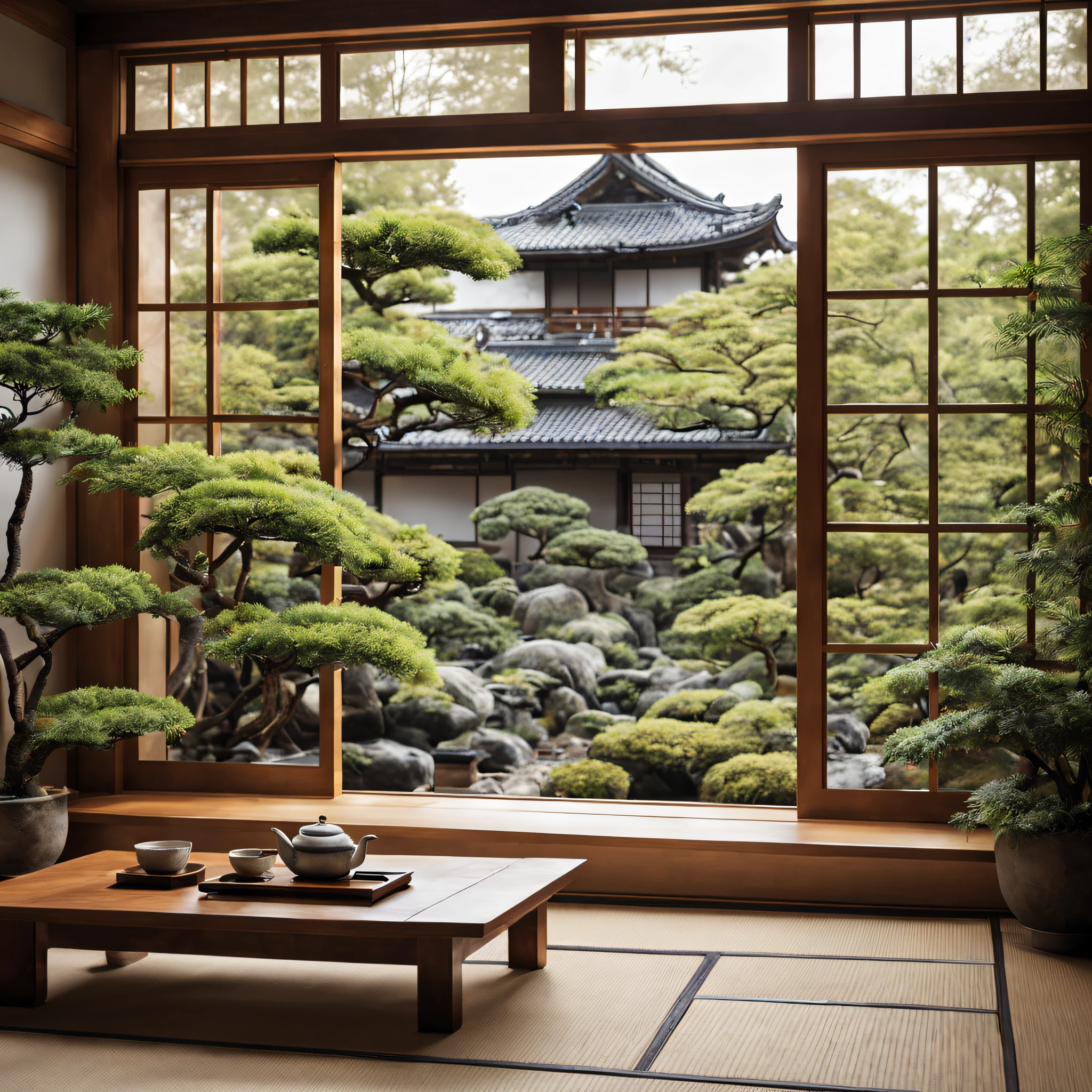 a living room with a view of a traditional Japanese garden, tea time, some plants indoor, cozy, morning, zen style, wooden interior, photorealistic