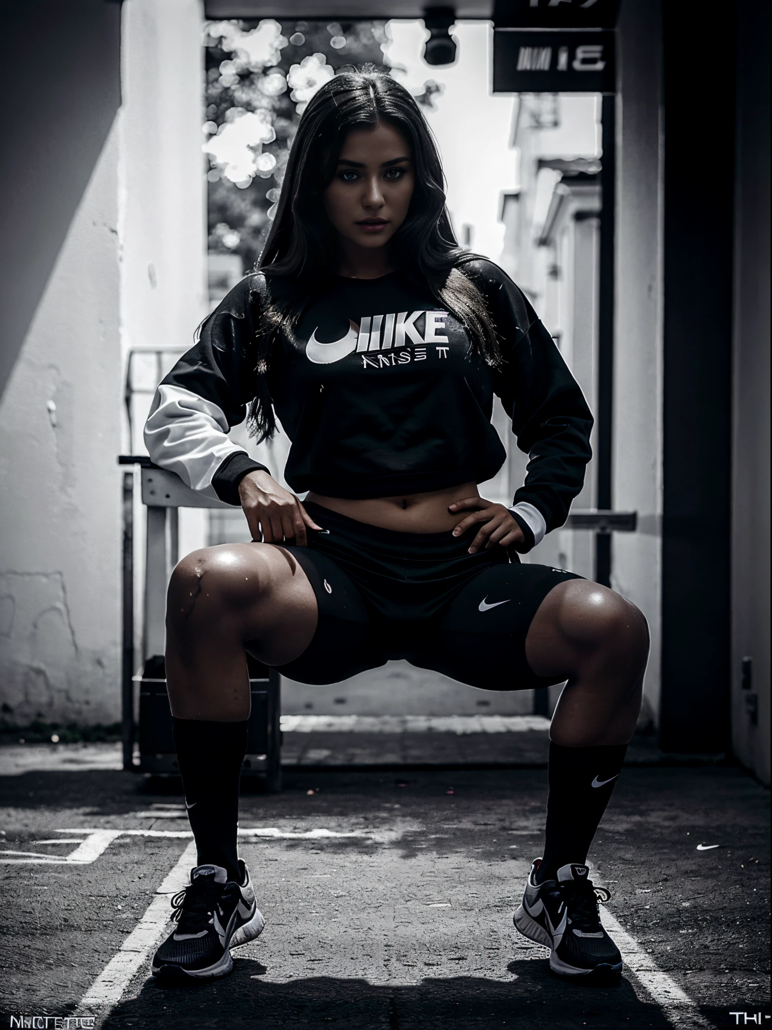 russian milf, ((one woman)), perfect and clear eyes, captivating eyes, wearing branded Nike clothes, small sized tits and ass, black and white, shadows, dark fantasy, candid photography, realistic, detailed skin texture, vibrant colours, cinematic, (Photorealistic:1.4), UHD