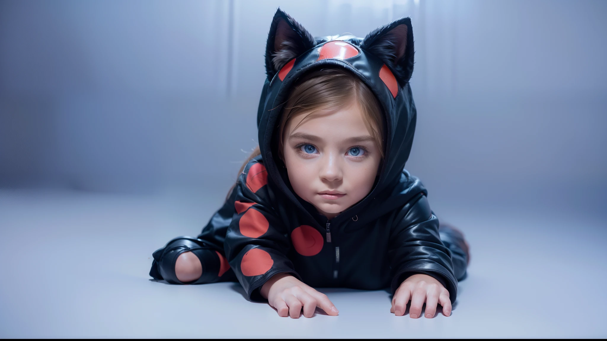 kid wearing cat costume with the hood, cute, sitting at floor, black costume with red dots, blonde glossy hair, fake cat ears, detailed textures, best quality, 4k, masterpiece:1.2, ultra-detailed, realistic, vivid colors, dark and moody lighting, The image of the highest quality, ensuring every detail showcased perfectly. It in 4k resolution, allowing viewers to immerse themselves in the richness of the colors and intricate details. The realistic rendering. under the spotlight, reflecting. beautiful hair, laying position, high-resolution image, realistic rendering, dark background, and rim light.