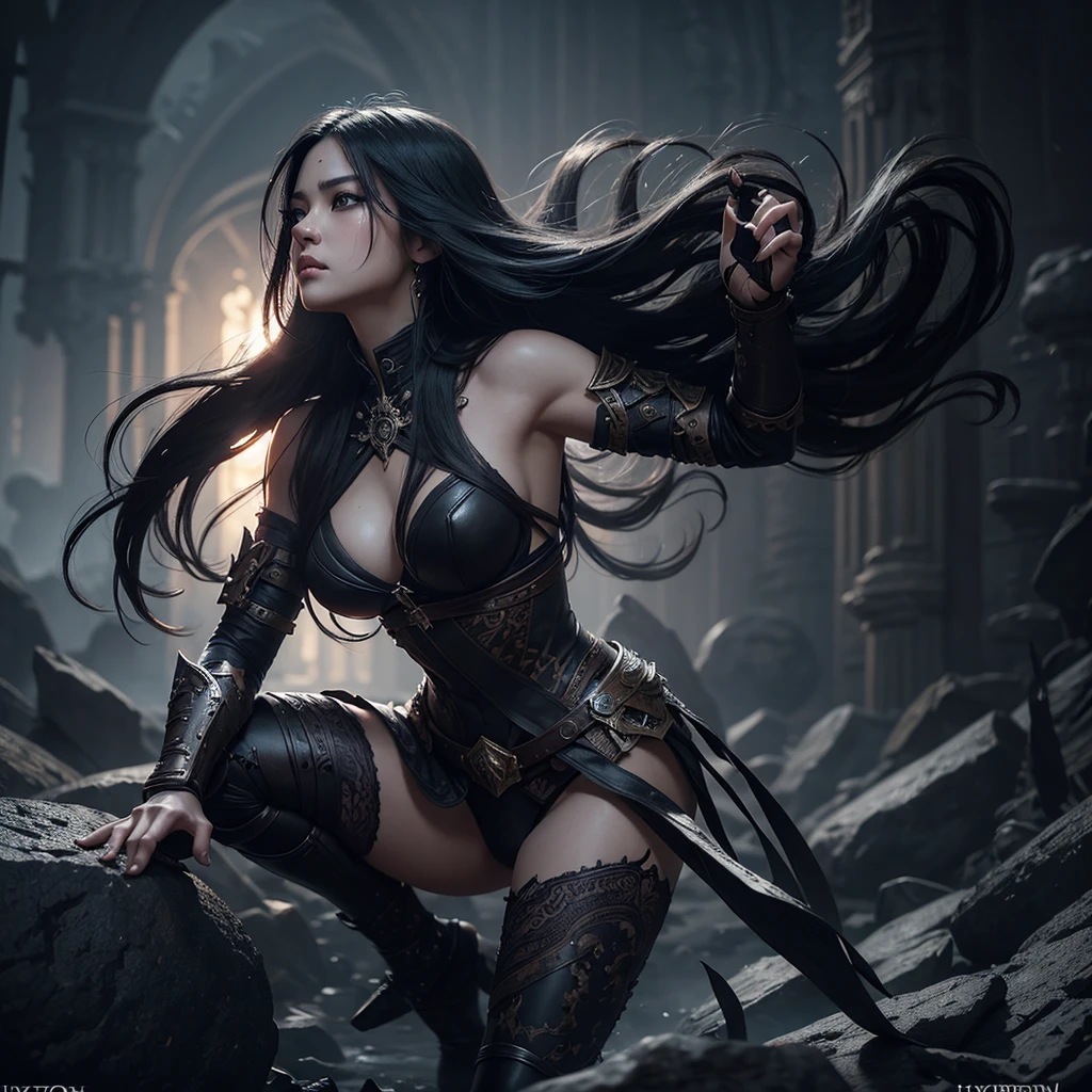 Warrior Princess, beautiful woman, long black hair, dynamic pose, intricate, highly detailed, a masterpiece, 8k resolution, dark fantasy concept art, dynamic lighting, hyperdetailed, intricately detailed, Splash screen art, trending on Artstation, deep color, Unreal Engine