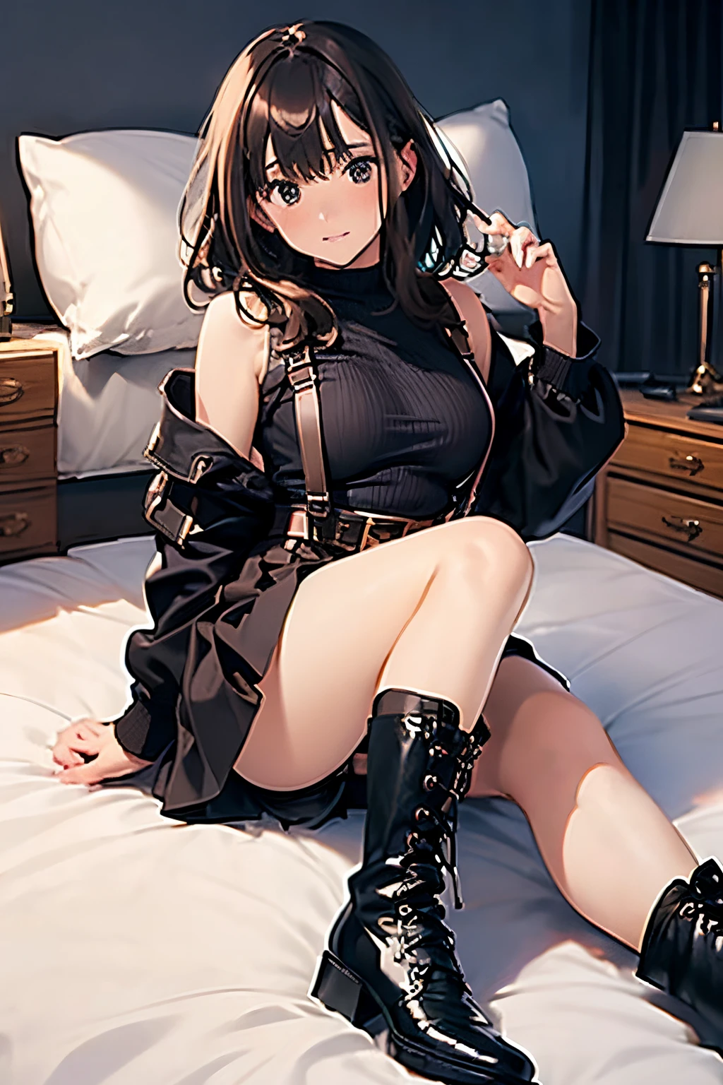 Brown hair、watching at viewers black suspenders Bulging big breasts walls: Black miniskirt garters Gaze Small face bangss holster Belt Armament Beautuful Women srestrained hands up Lying in bed Leg holster lying on the bed Gaze black boots upskirt tank top