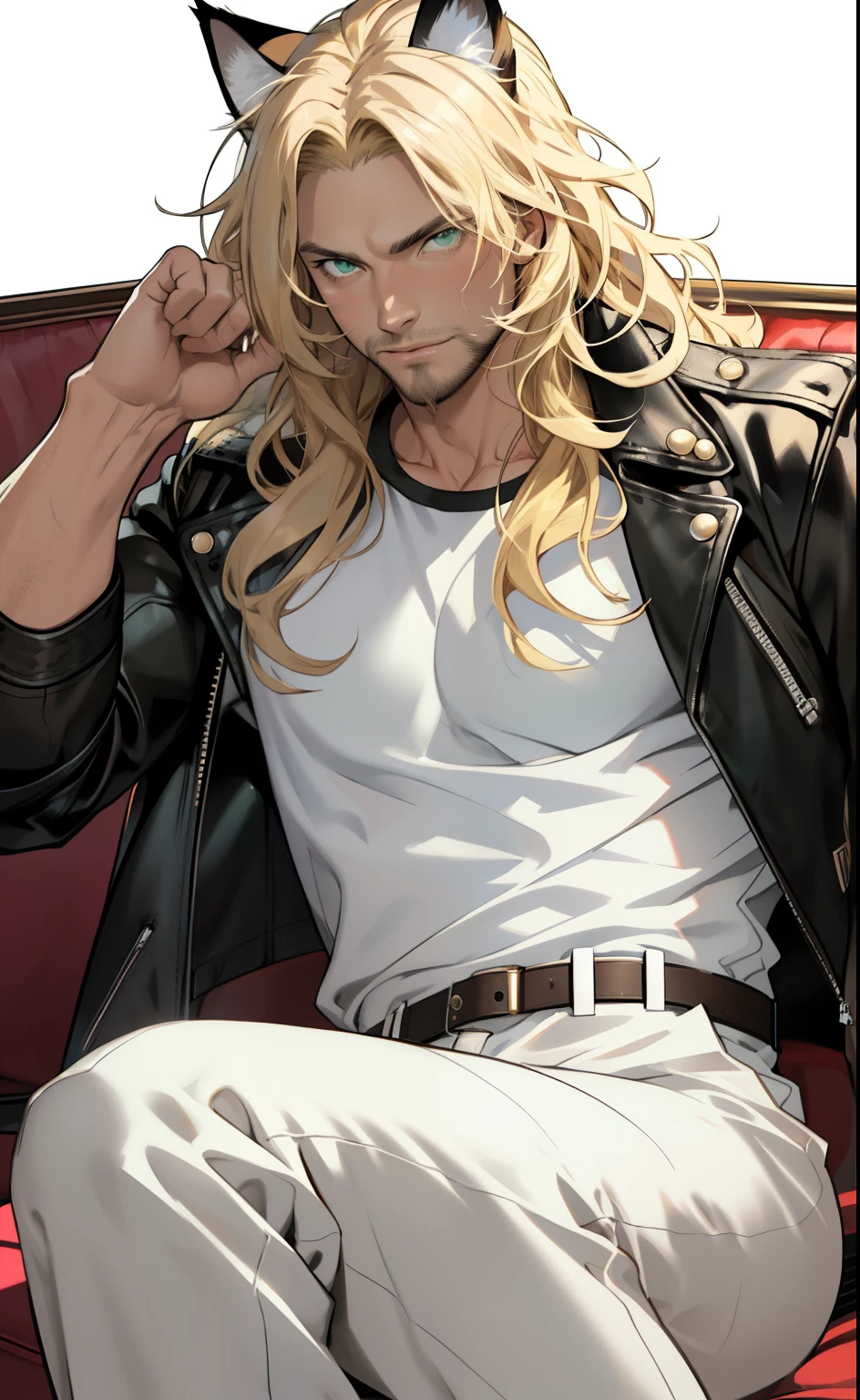 leather jacket, one male, cat ears, long hair, blond, blond hair, green eyes, tall, muscular, white shirt, beautiful face, highest quality, masterpiece, 2d, anime, perfect face, highest detail, feline eyes, stubble, cat tail, wavy hair, far shot, detailed face, intricate details, sitting on white couch, white background