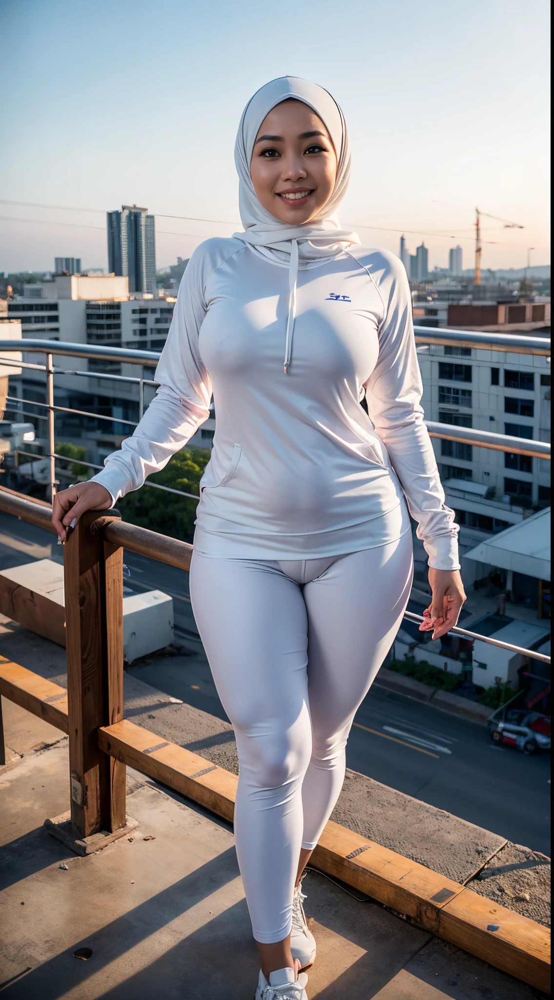 1 malay woman with plain hijab. cute smile. beautiful face. Big breast. wear a safety helmet. wear a hoodies with named "AYU" light white legging. evening view. beautiful photo 4k remastered. walking at scaffold area