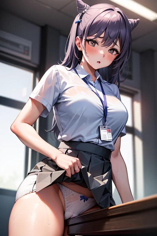 1girl, table humping, crotch rub, white shirt, pencil skirt, office, white panties, skirt lift, lanyard, table, lifting, multiple boys,suggestive fluid,, masterpiece, best quality, highly detailed, (from below:1.1)