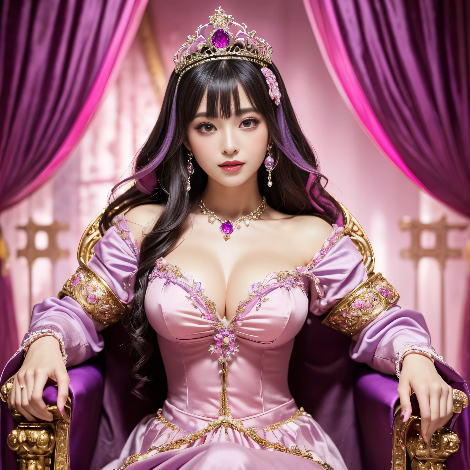 ((top-quality、masutepiece、8K、Top image quality、Highly complex and detailed depictions))、a prostitute goddess、Unimaginably extravagant prostitute costumes、The most gorgeous and majestic prostitute goddess costume、Surrounded by pink and purple curtains、pink and purple lighting、Sit on a super-huge throne、(Warm mood lighting:1.)、(The background is a luxurious medieval courtesan's bedroom.:1.2)、(mid night:1.3)、(Background completely surrounded by curtains:1.3)、(blurry backround:1.1)、(moody dim room:1.3)、(The background is all pink and purple:1.2)、Shine intricately、The biggest smile staring at the camera、(spectacular movie lighting:1.1)、(very romantic atmosphere:1.1)、(very romantic performance:1.1)、Upper body photo、(The most gorgeous and majestic throne:1.1)、artistic décor、Large amount of jewelry decoration、The most luxurious and huge tiara、detailed ornament、glowing gemstones、giant pink and purple costume、(big pink and purple furisode:1.1)、Very fine decoration、Very complex decoration、royal, yudai、(Frontal close-up:1.1), (exact and perfect throne:1.1)、(perfect and majestic costume:1.1)、(Symmetrical composition:1.1)、huge and magnificent throne