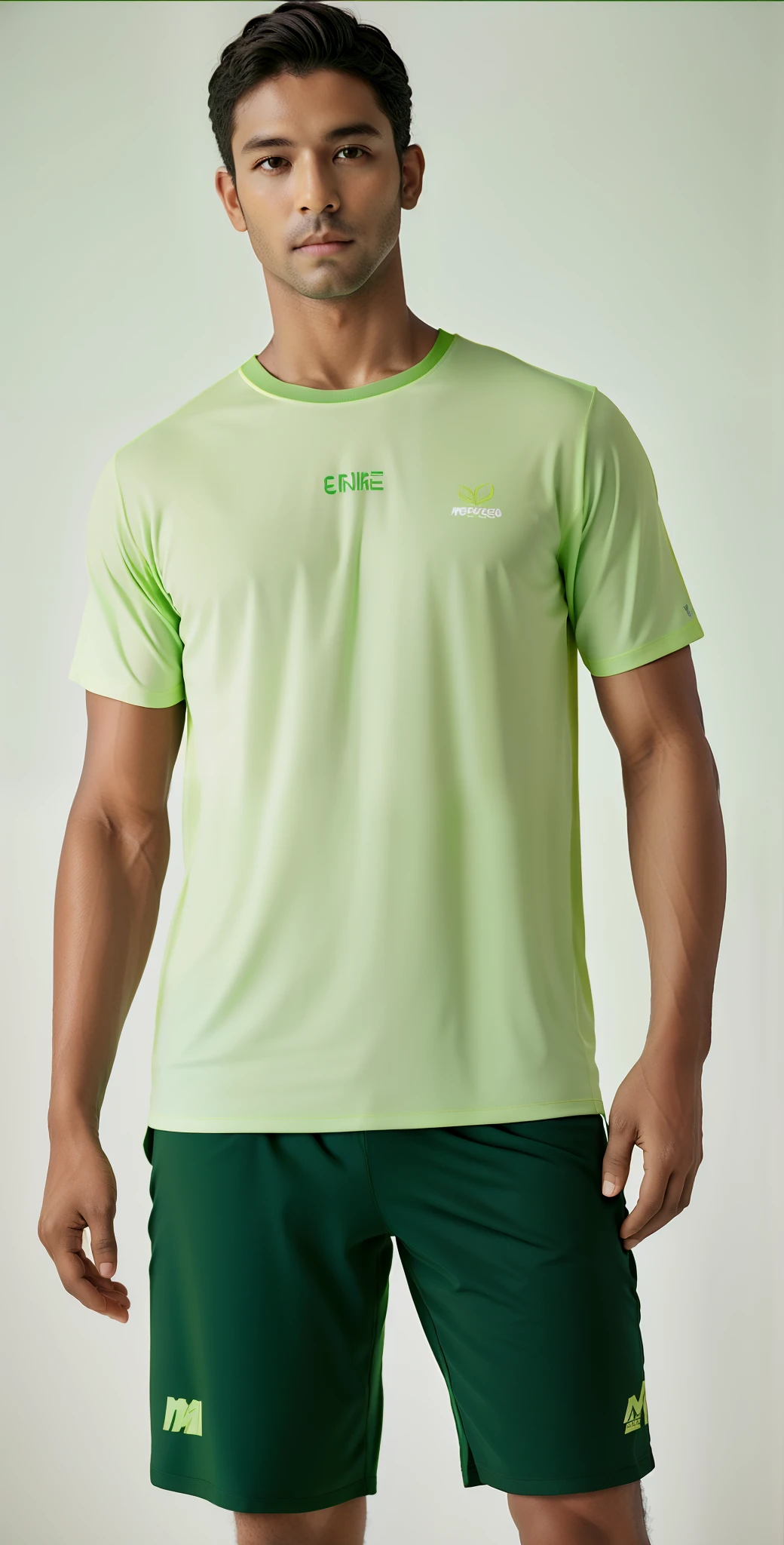 um homem de camisa verde dri Fit e short preto posando para uma foto, sage green, camisa drifit verde, verde oliva, vestindo uma camiseta drifit, roupas verdes, mangas curtas, roupas casuais modernas, vestir camisa bege, tshirt branca lisa, roupas verdes casuais, roupas verdes sujas, solid color, verde pastel, vestindo uma camisa clara, espuma marinha verde