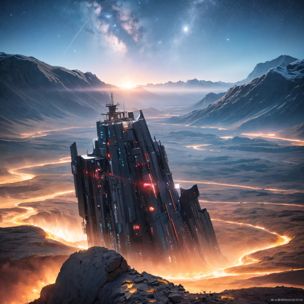 Mohe alluvial plain in Yuexing Rift Valley area,Rock sugar agate nuclear power command armed helicopter black gold cruiser tower snow red marble luminous space station. 1:3 Models,starrysky,Cyberpunk art of a,Rembrandt light,Detail portrayal,macro shot,surface reflection,High definition details,dingdall effect,Light and shadow intensification,The light shines,particle effect,3D modeling,Surface reflected light,detail-rich,fine texture,strong visual impact,hyper-detailing,A high resolution,high saturated,ray traycing,light and shadow effect,32K smooth,A high resolution