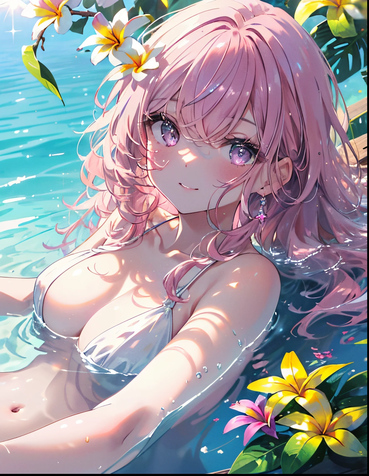 ((​masterpiece,hight resolution,8K picture quality,top-quality)),1girl in,((extra detailed face)),femele,Delicate eyes,((Dark purple eyes)),((hairstyle on:Wavy semi-long,A pink-haired,Hair that hits the light is green)),lensflare,in poolside,swim wears,Smile elegantly,Natural complexion,Summer cheerfulness,Reflective water surface,lie down on a bench,sun light,The Bright Sun,((The sparkle of water,cider on the side table,Flower bed with plumeria blooming)),