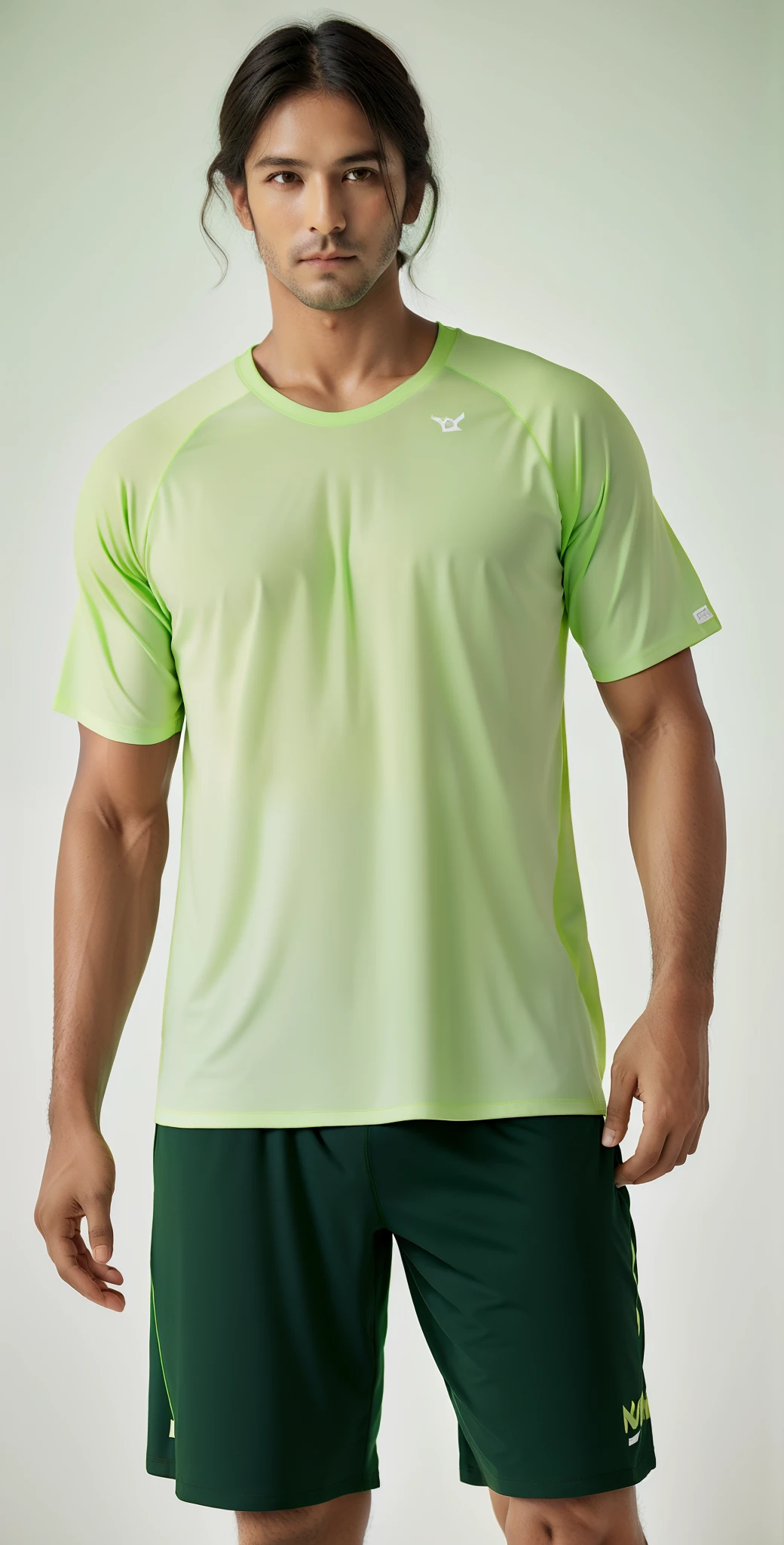 um homem de camisa verde dri Fit e short preto posando para uma foto, sage green, camisa drifit verde, verde oliva, vestindo uma camiseta drifit, roupas verdes, mangas curtas, roupas casuais modernas, vestir camisa bege, tshirt branca lisa, roupas verdes casuais, roupas verdes sujas, solid color, verde pastel, vestindo uma camisa clara, espuma marinha verde