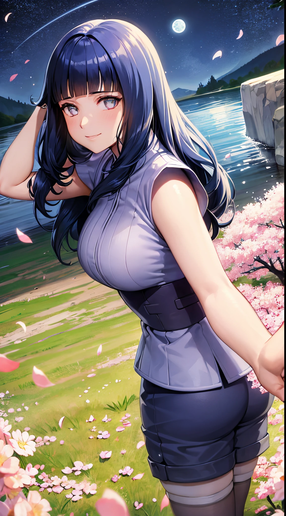 moon, 1 girl, blunt bangs, dark blue hair, long hair, smile, dreamy, serene atmosphere, sakura petals, grass, fields, night dream