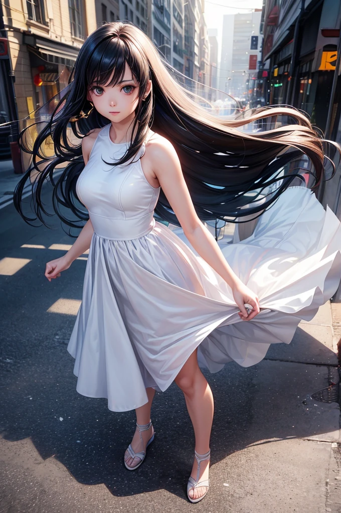 masterpiece,Highest quality,One person,dawn \(Pokemon\),Long Hair,blue eyes,Dark blue hair,Beanie,hairpin,smile,Open your mouth,(Close one eye:0.9),White sundress,Long dress,From behind,street,sunlight,town,(figure:0.8), (Beautiful attention to detail:1.6), Highly detailed face, Perfect lighting, Highly detailed CG, (Perfect hands, Perfect Anatomy), Whole body image, ((chest wide open and exposed)), (smile), Show the side,Are standing