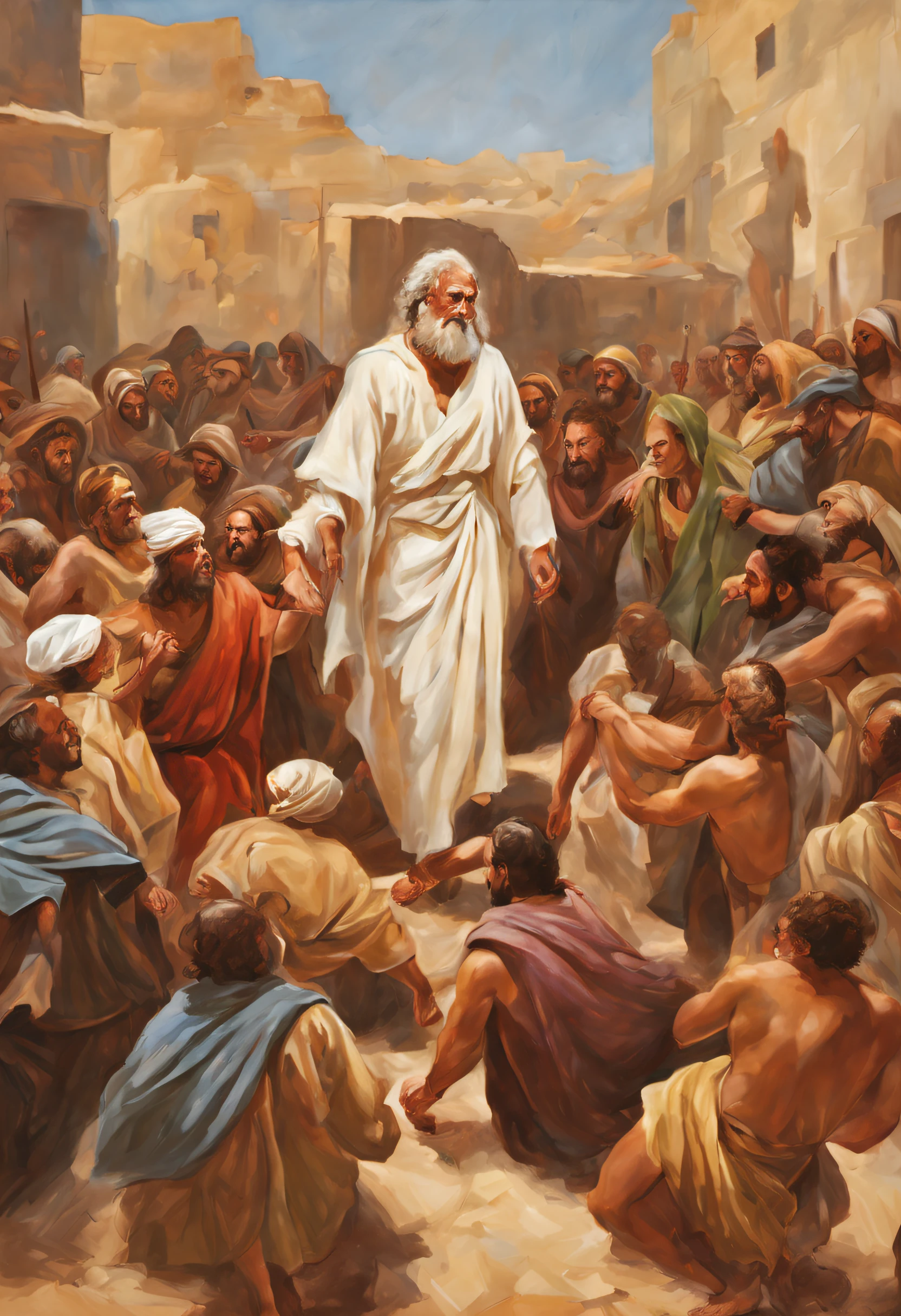a prophetic painting in front of a group of people, bible illustration, biblical art style, biblical art, biblical image, epic biblical representation, biblical painting, Ancient Biblical, sermon of philistine greed, moses, Directed by: Sidney Simon, Directed by: Bernard Meninsky, Directed by: Joseph Henderson, biblical clothing, Directed by: Scott M. Fischer, Directed by: Leonardo Longo, corrigir rostos, no imperfections