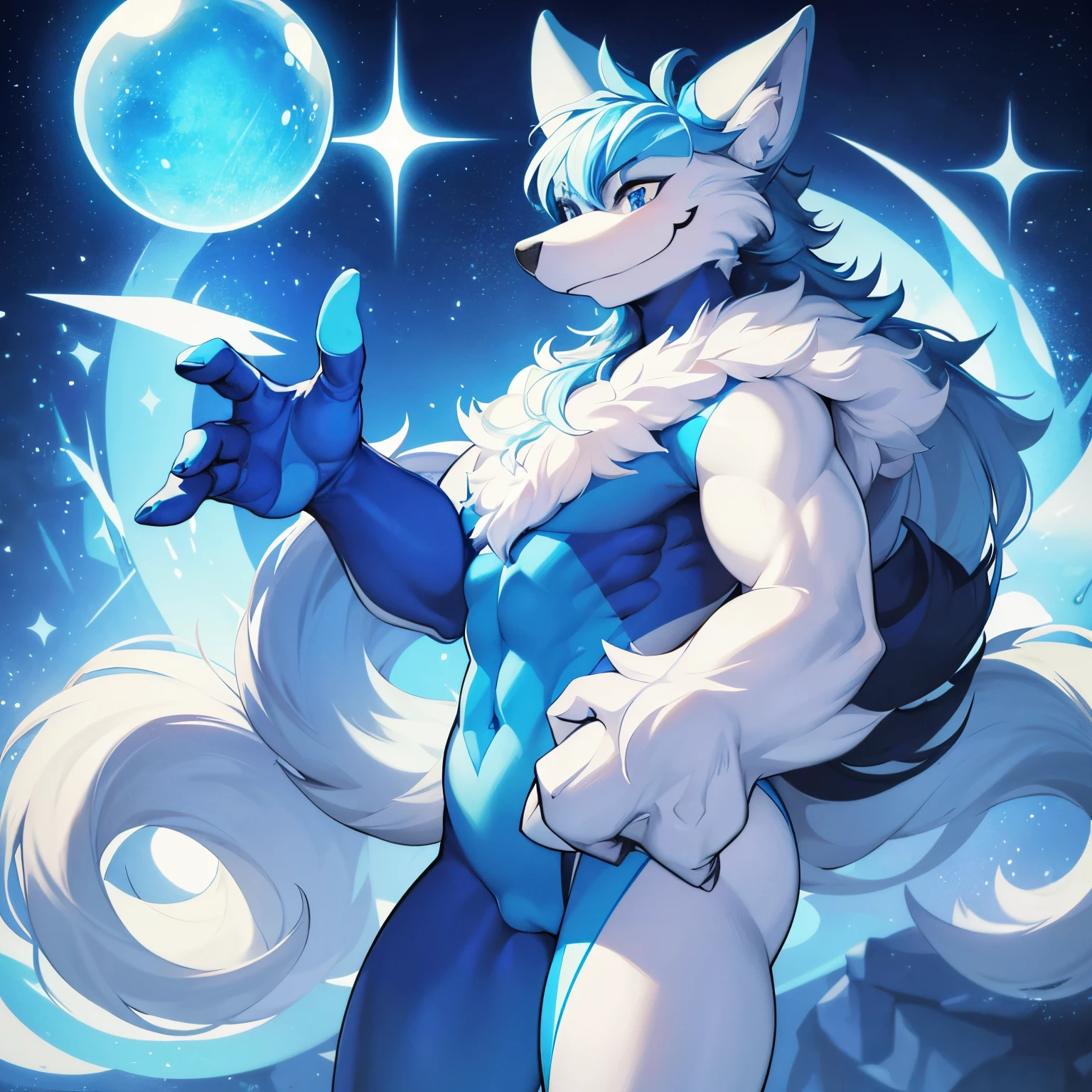 a classic cartoon furry that’s a human with a fur suit so there should be human proportions but animal features that’s blue with a white stomach against a sparkly shiny blue back round holding a blue orb in its right hand and waving with the other hand you can see it’s whole body smiling expression