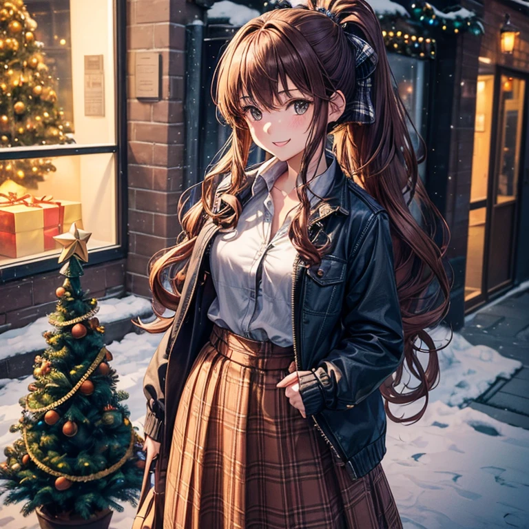 1girl in, Solo, Full body, Christmas, ((Christmas tree)), Street, Night, A light, Snow, Long hair, Brown hair, Curly hair, Ponytail, button down, ((open brown zipper jacket)), dark blue airou shirt)), ((Checked shirt)), ((Unbuttoned shirt)), ((Long skirt)), Smile, Looking at the viewer, Standing, Hair Ribbon