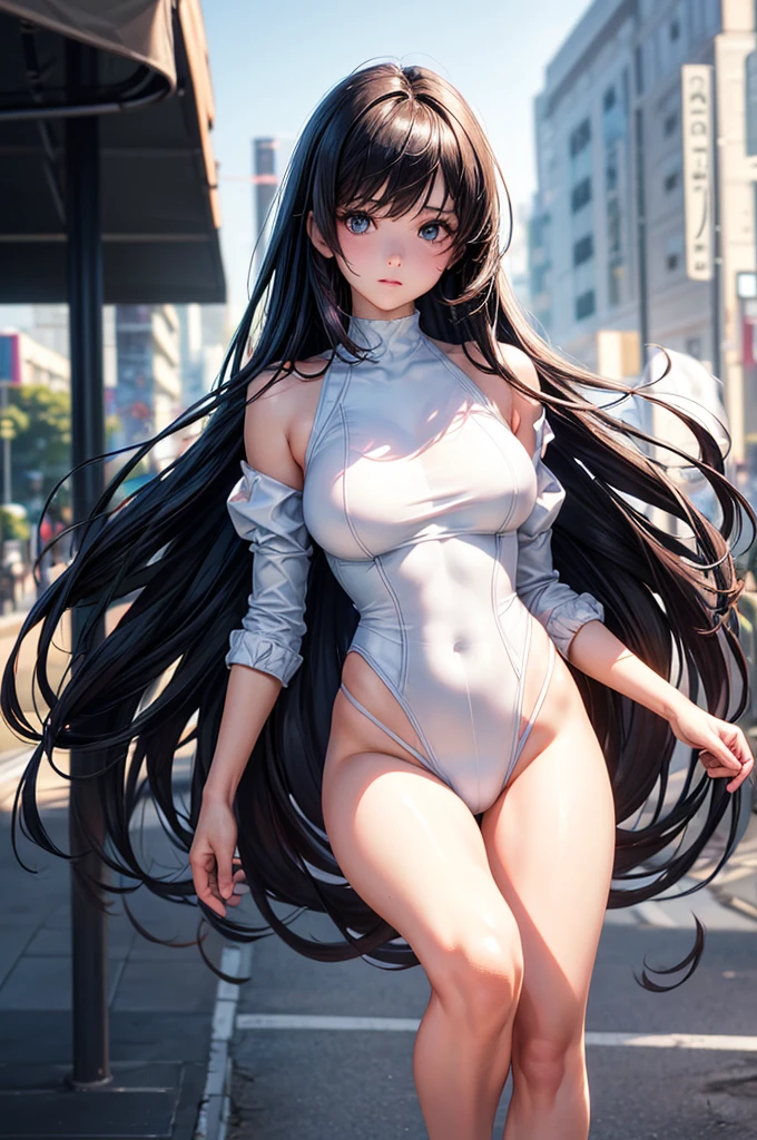 (8K, Best Quality, masutepiece:1.2), (Realistic, Photorealsitic:1.37), Ultra-detailed,Best Quality, 超A high resolution, Professional Lighting, Photon mapping, Physically-based rendering, Cinematic lighting, intergalactic,depth of fields, Sharp Focus,sun beam, Good composition,(Bokeh:1.2) 1girl in,Solo,(Full body), (Closed mouth),Beautiful detailed eyes, beautiful girl pose, Narrow waist,White leotard, Black hair,hair messy,long hair floating in the wind,(ulzzang-6500:1.2), mix4, hiqcgbody