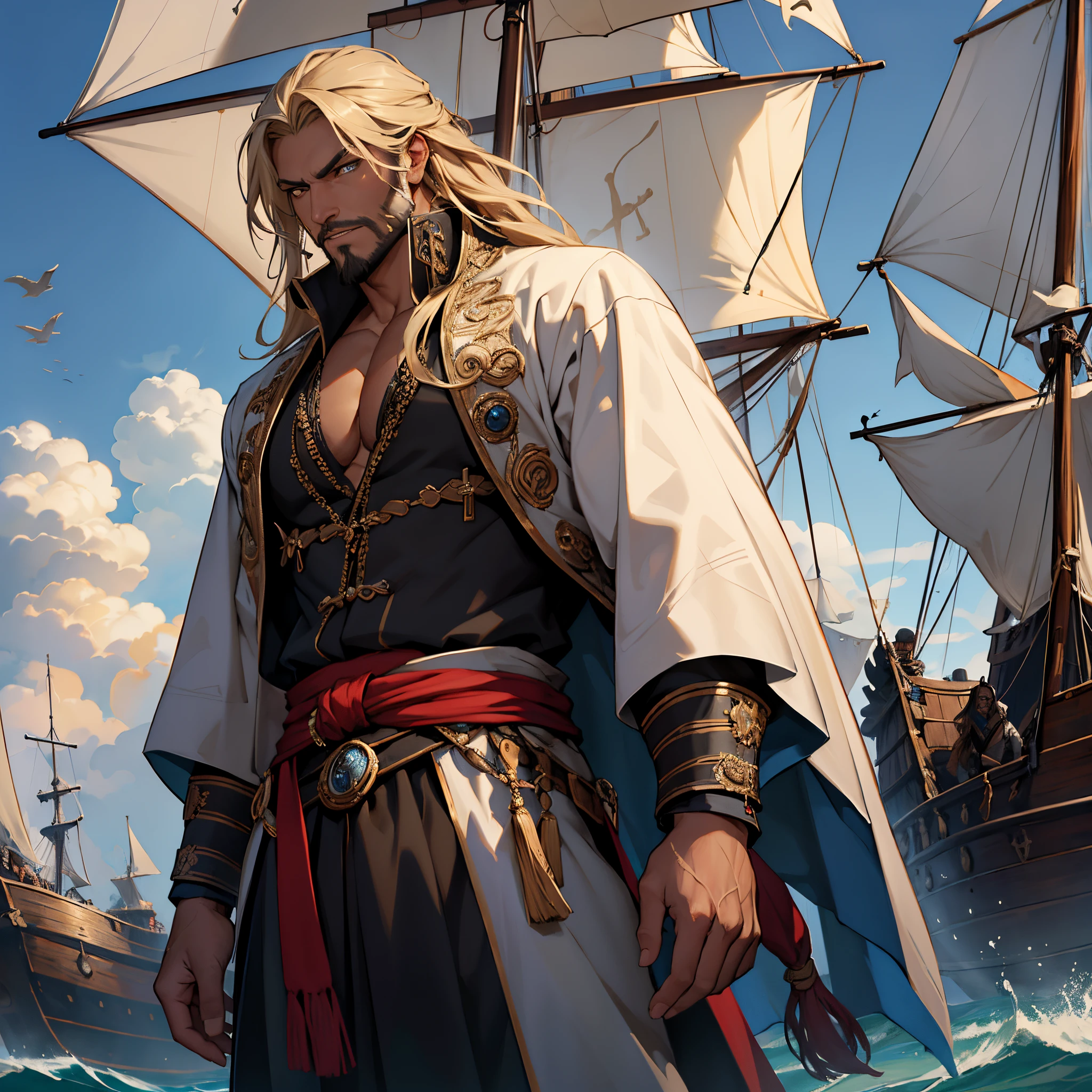masterpiece, Best Quality, detailed, person upper body, Cinematics, 4k, Background with: pirate ship on the blue sea, A man with dark skin and long blond hair stands majestically., Dressed as Ottoman Turkish pirates.., Smokey Eye Makeup. shave one's beard, Lowered bangs, perfect eyes