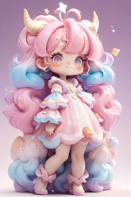 masterpiece, best quality, 8k, cinematic light, ultra high res, chibi, 1girl, pink hair, multicolored hair, long hair, solo, dress, star hair ornament, horns, blue hair, star \, (symbol\), bangs, gradient hair, artist name, gradient, smile, closed mouth, full body, pink background, gradient background,