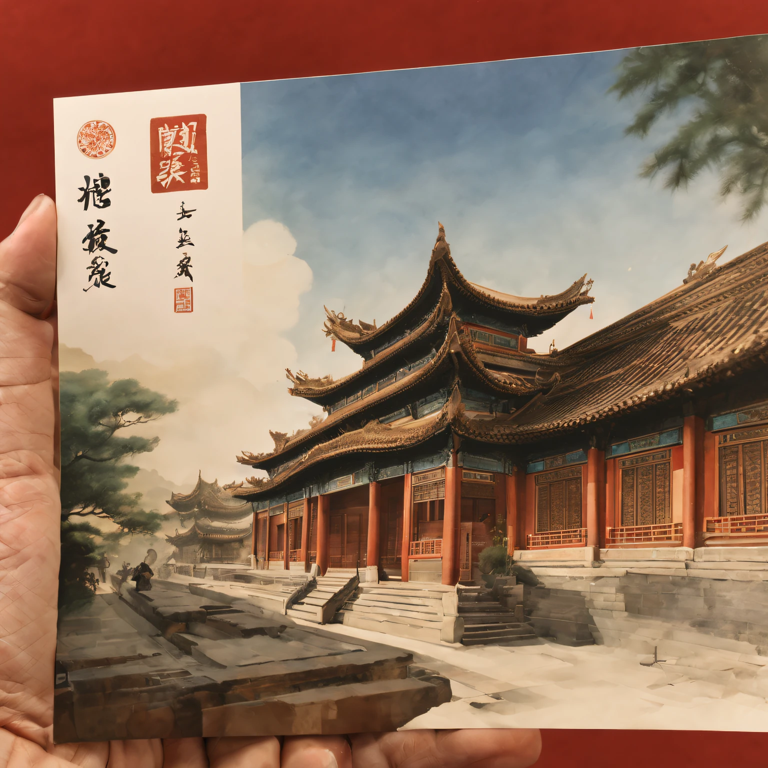 There a postcard of an ancient Chinese building on the table in front。