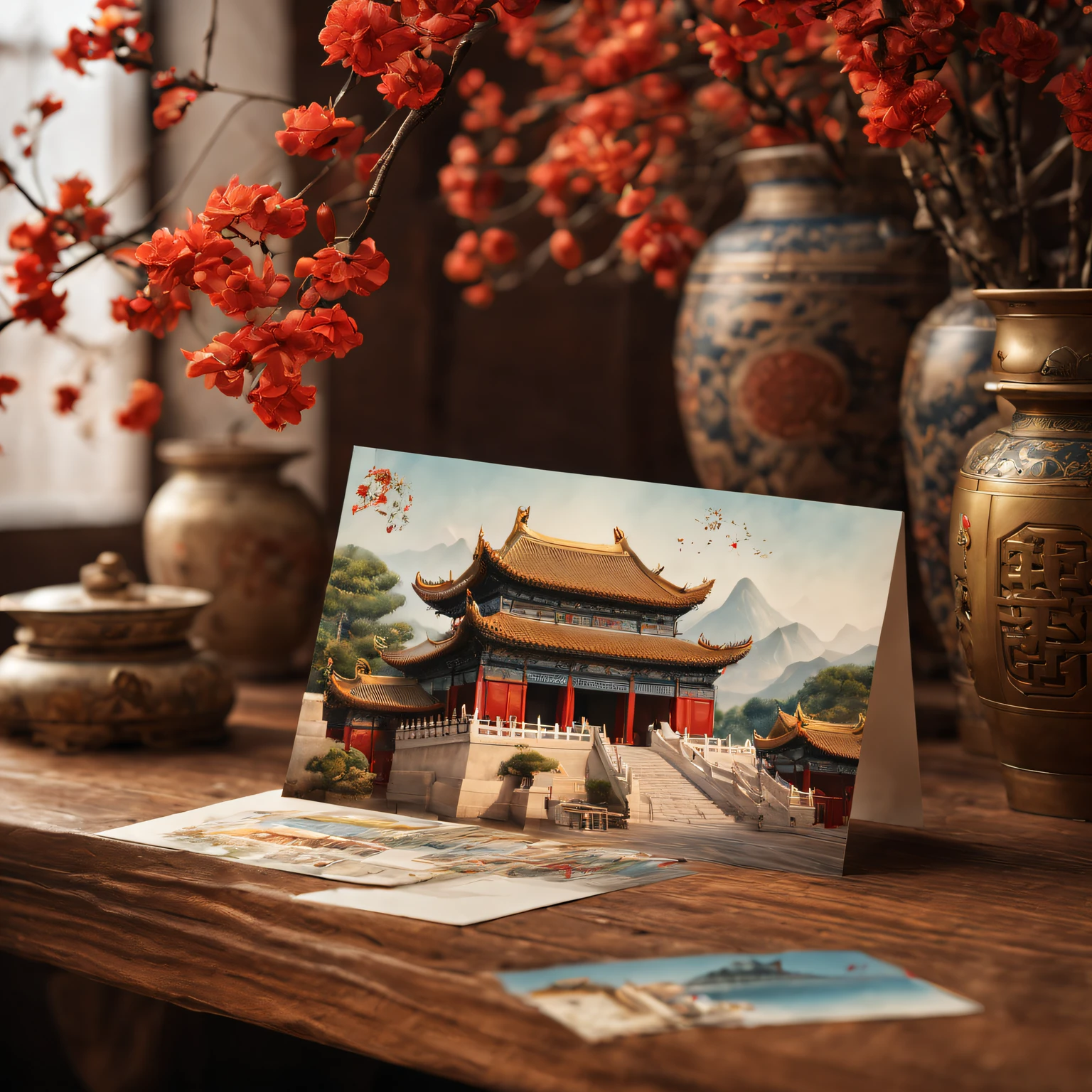 Postal postcard with an ancient Chinese building on the front. [line drawn, vintagestyle], (Exquisite, iintricate, nice) line work, (Elegant, Regal) architecture, (attractive cleavage, Thrilling) skylines, [nostalgic ambiance, faded], warm color palette, (natural, The soft) lamplight, [antique texture, old fashioned look],(Typographic wireframe logo with stamp place and recipient、Name format).(Best quality at best, A high resolution:1.2), ultra - detailed, professional, vivd colour, sportrait, The landscape, Concept artist, Focus sharp, HighDynamicRange, Studio lighting.
