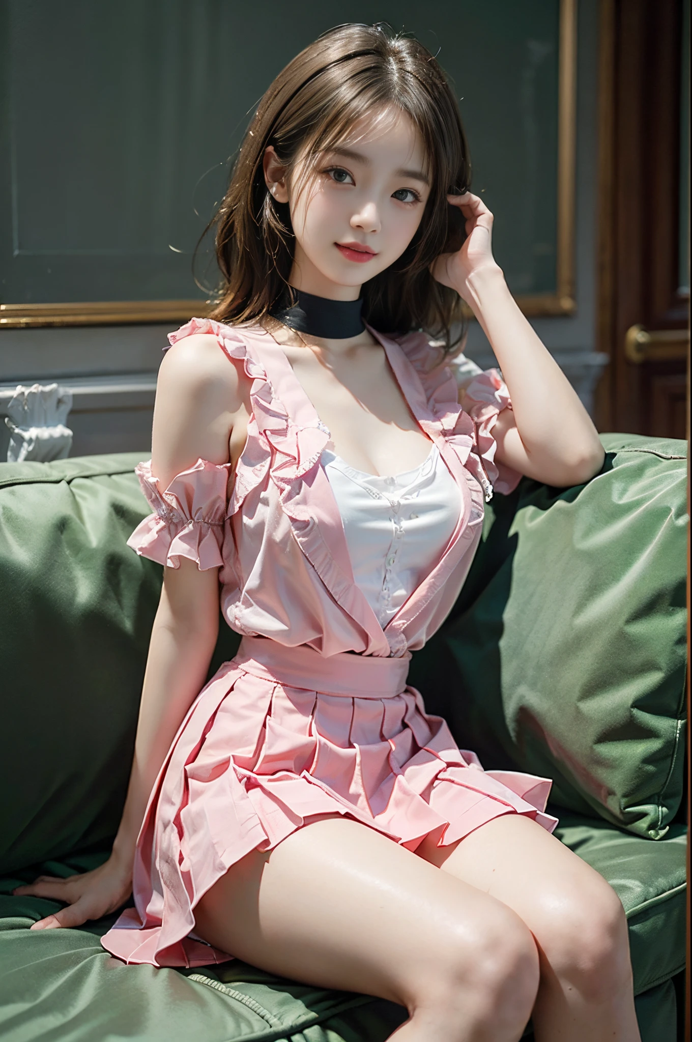 pleated skirt,pink skirt,pink sailor collar,, (knee shot), tmasterpiece,Best quality at best,offcial art,extremely detaild的 CG unified 8k wallpapers, (HighDynamicRange:1.4), (Cinematic), (pastel colour, dull colors, Soothing tone:1.3), (Natural skin texture, Hyper-realism, softlighting, Sharp),(The is very detailed), profesional lighting, Radio City,((1个Giant Breast Girl，20yr old)), inside bedroom， cold light，Best quality at best, A lot of detail, tmasterpiece, ultra - detailed, illustratio, Extremely delicate and beautiful girl, 美丽细致的眼睛,8K_Wallpapers,Beautiful Meticulous Girl, looking at viewert, messy  hair, Large breasts ,Recline on the sofa，ssmile，Sweet smile