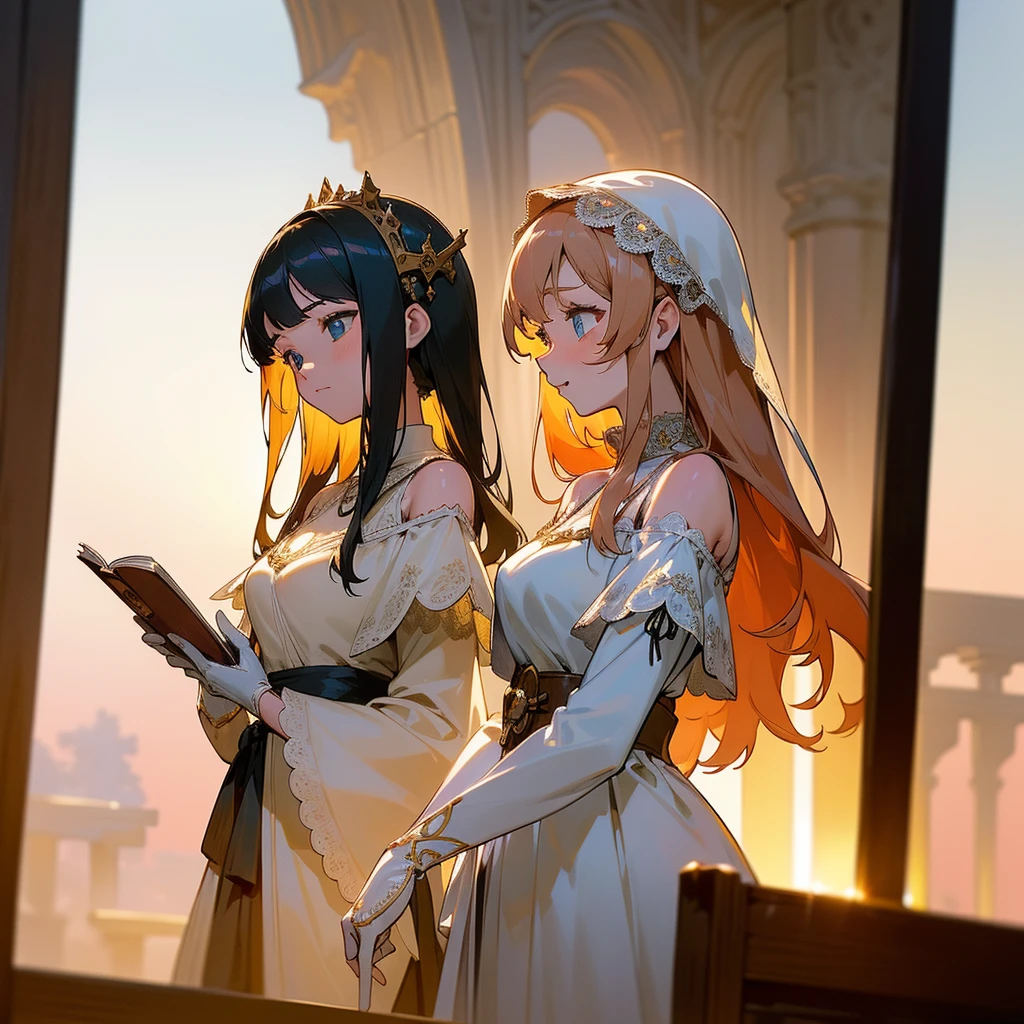 ((Finest quality)),(超A high resolution),(ultra-detailliert),(Meticulous portrayal),((Best Anime)),The best art.,sharpnes,Clair,natural soft light:1.3,at the sunset,medieval times, (adult woman),(Detailed and detailed beautiful color dresses,Meticulously designed lace,off shoulders),Evening Gloves,hair adornments