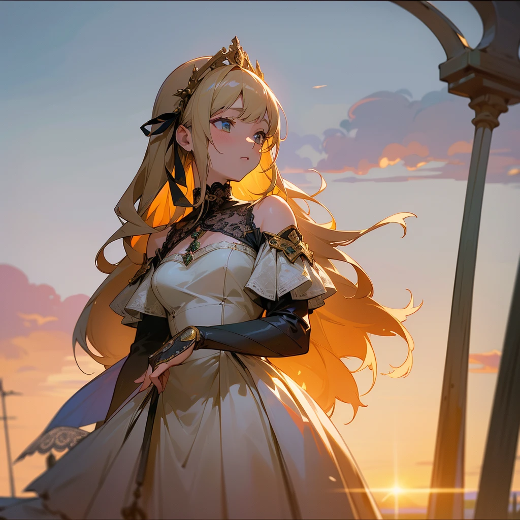 ((Finest quality)),(超A high resolution),(ultra-detailliert),(Meticulous portrayal),((Best Anime)),The best art.,sharpnes,Clair,natural soft light:1.3,at the sunset,medieval times, (adult woman),(Detailed and detailed beautiful color dresses,Meticulously designed lace,off shoulders),Evening Gloves,hair adornments