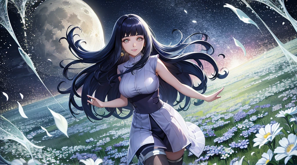 moon, 1 girl, blunt bangs, dark blue hair, long hair, smile, flowers petals, grass, flowers fields, night dream, depth of field, flowing hair, looking at viewer