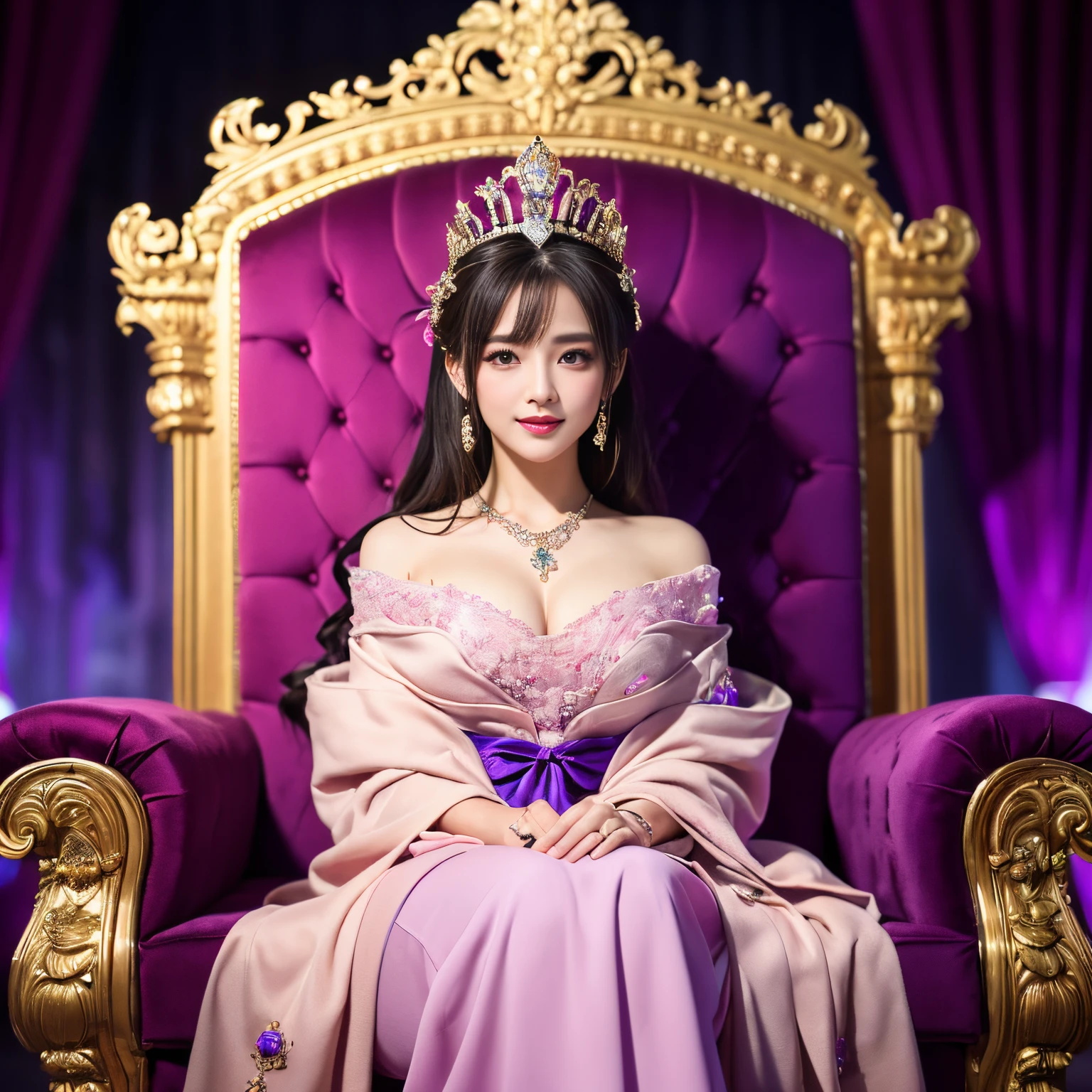 ((top-quality、masutepiece、8K、Top image quality、Highly complex and detailed depictions))、a prostitute goddess、The best luxury where everything is unimaginable、The most gorgeous and majestic prostitute goddess costume、Surrounded by pink and purple curtains、pink and purple lighting、Sit on a super-huge throne、(Warm mood lighting:1.3)、(The background is a bedroom in a high-class brothel.:1.2)、(mid night:1.3)、(Background completely surrounded by curtains:1.3)、(blurry backround:1.1)、(moody dim room:1.3)、(The background is all pink and purple:1.2)、Shine intricately、The biggest smile staring at the camera、(spectacular movie lighting:1.1)、(very romantic atmosphere:1.1)、(very romantic performance:1.1)、Upper body photo、(The most gorgeous and majestic throne:1.1)、artistic décor、Large amount of jewelry decoration、The most luxurious and huge tiara、detailed ornament、glowing gemstones、giant pink and purple costume、(big pink and purple furisode:1.1)、Very fine decoration、Very complex decoration、royal, yudai、(Frontal close-up:1.1), (exact and perfect throne:1.1)、(perfect and majestic costume:1.1)、(Symmetrical composition:1.1)、huge and magnificent throne