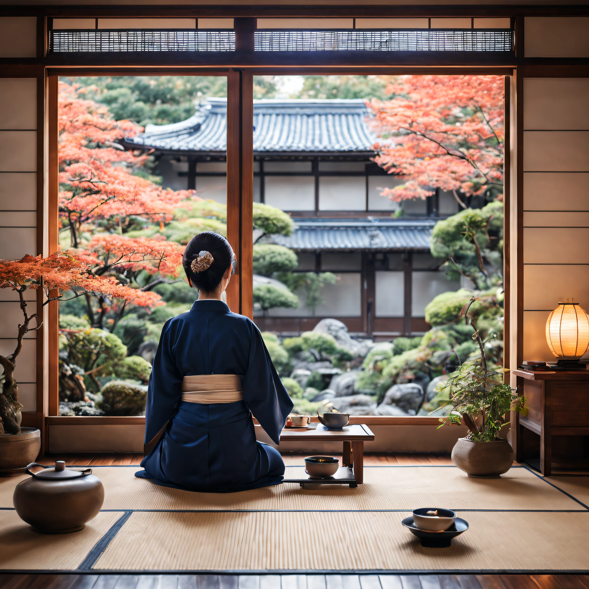 a living room with a view of a traditional japanese garden, tea time, a woman sit and enjoying the scenery, wearing navy kimono, (back to camera), some plants indoor, cozy house, morning, smoking incense stick, zen style, wooden interior, autumn, photorealistic