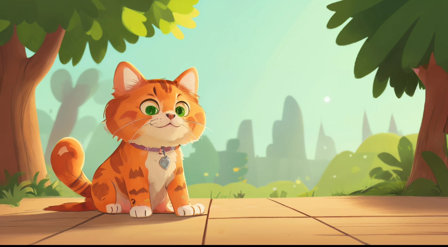Disney-style cat, orange-spotted, green eyes, full figure, fluffy fur, hind legs on the ground, right front paw with long claws, cunning face, sitting on a wooden chair, one paw resting on the edge of the chair,