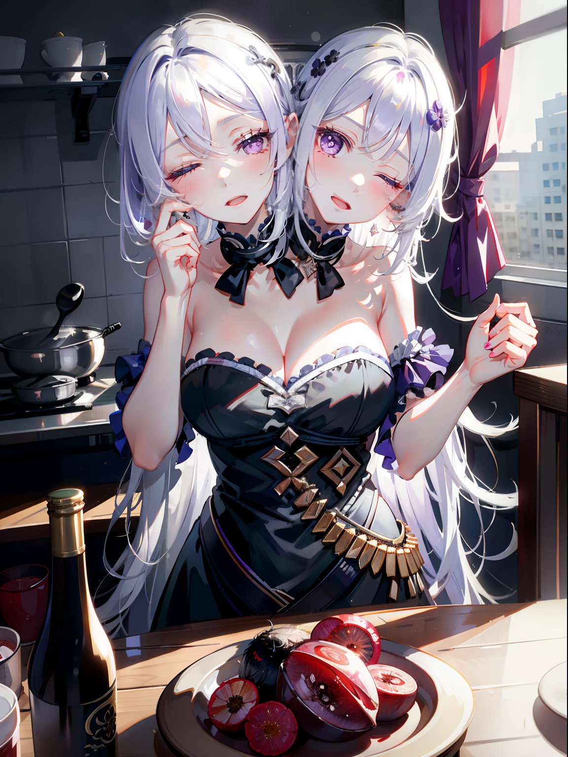 (masterpiece, best quality), best resolution, (2heads:1.5), 1girl, weary, headache, hangover, in pain, dizzy, white hair, purple eyes, one eye closed, open mouth, hand on forehead, apartment kitchen