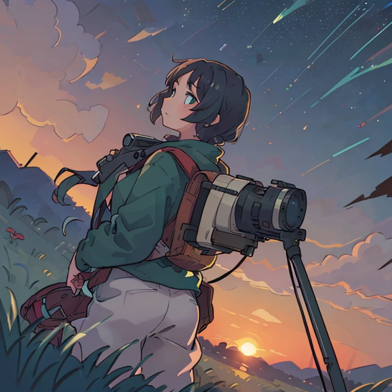 A girl with a backpack standing on green grass looking at sky, the sky full of beautiful stars, sunset timing, cameraman angle behind from her,