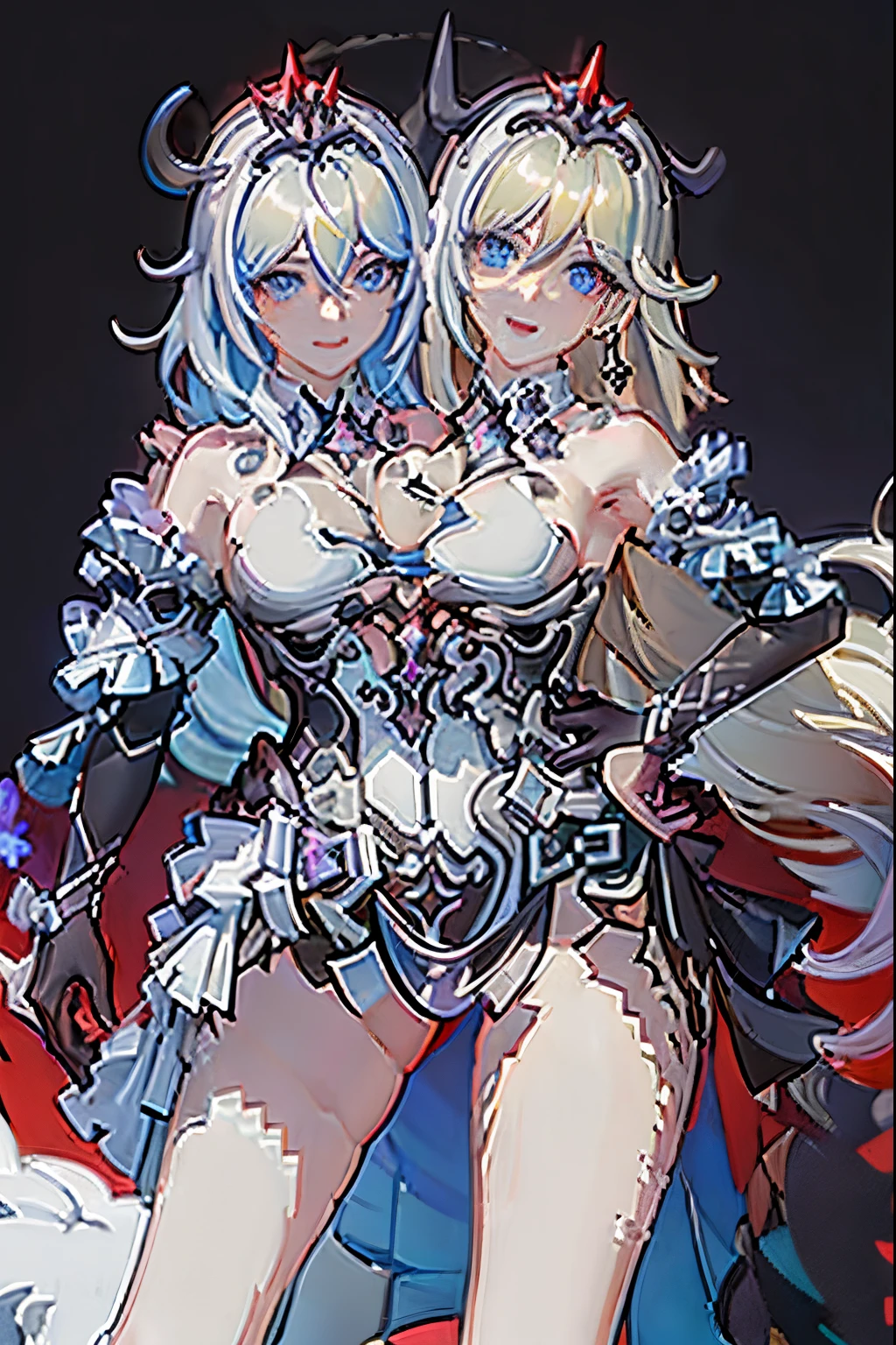 (masterpiece, best quality), best resolution, (2heads:1.5), kiana kaslana, durandal, conjoined, clear outline, armor, bangs, breasts, cape, cape lift, earrings, gloves, hand on hip, headband, jewelry, long hair, looking at viewer, open mouth, shoulder armor, smile