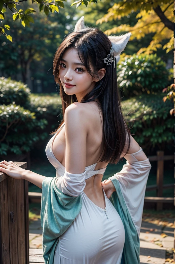 (masutepiece:1.Photoreal Stick:1.4, 8K), top-quality, ​masterpiece, 超A high resolution, Professional camera work, Grow Light Effect, Realistic portrait, Cinematic Light, Highly detailed skin and  texture:1.3, The ultra-detailliert, A detailed eye, Detailed limbs, autumn night, Precincts of the shrine:1.2, Autumn foliage scenery:1.2, 1girl in, Cute sexy 22 year old slim woman, Fair skin, ((Natural smile:0.9, Totally captivates you:1.0)), (Backshots, Calm pose), ((accurate shrine maiden costume)), ((voluptuous breasts:0.9)), (Beautiful blue eyes, Eyes that feel beautiful eros:0.85), Sexy face:0.4, (A mouthfeel that feels beautiful eros:0.85), ((Too cute beauty:0.9))