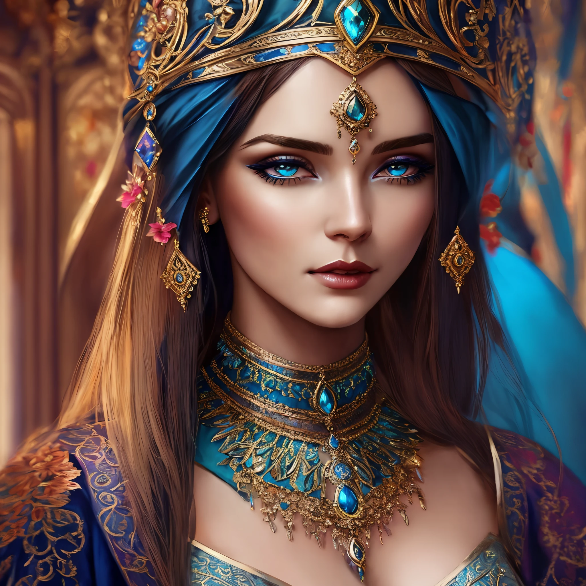 a woman in a blue dress with a tia and a necklace, ornate , a beautiful fantasy empress, fantasy art behance, beautiful and elegant elf queen, beautiful elf with ornate robes, artgerm julie bell beeple, 4k fantasy art, epic fantasy art portrait, epic fantasy art style hd, 8k fantasy art, elegant cinematic fantasy art