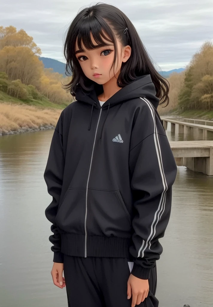 14-year-old girl,stop on a bridge with a river in the background, Ropa de senderismo, negro, photograph of a techwear woman, Ropa negra casual, con una sudadera con capucha negra, inspirado por Ion Andreescu, Ropa negra, Ropa deportiva, Ropa negra, wearing a track suit, Ropa vestida de negro, Imagen de perfil, con una sudadera con capucha negra