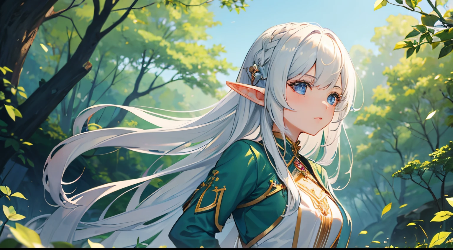 a beautiful young elf girl, Frontalansicht, im Morgengrauen in einem Fantasiewald stehen
